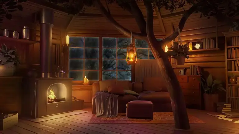 אווירת בית העץ מרגיעה, צלילי גשם עדינים, וקולות אח מצוין לפני השינה, ללימודים וסתם ברקע להרגע (: